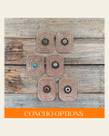 Copper Rectangle Rhinestone Rosette - Assorted Conchos on a warm cream background