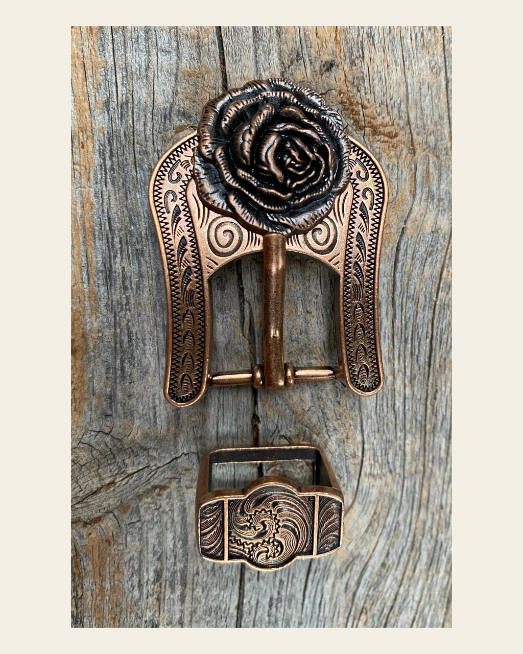 Copper Rose Concho Buckle Adapter W107COBA on a warm cream background