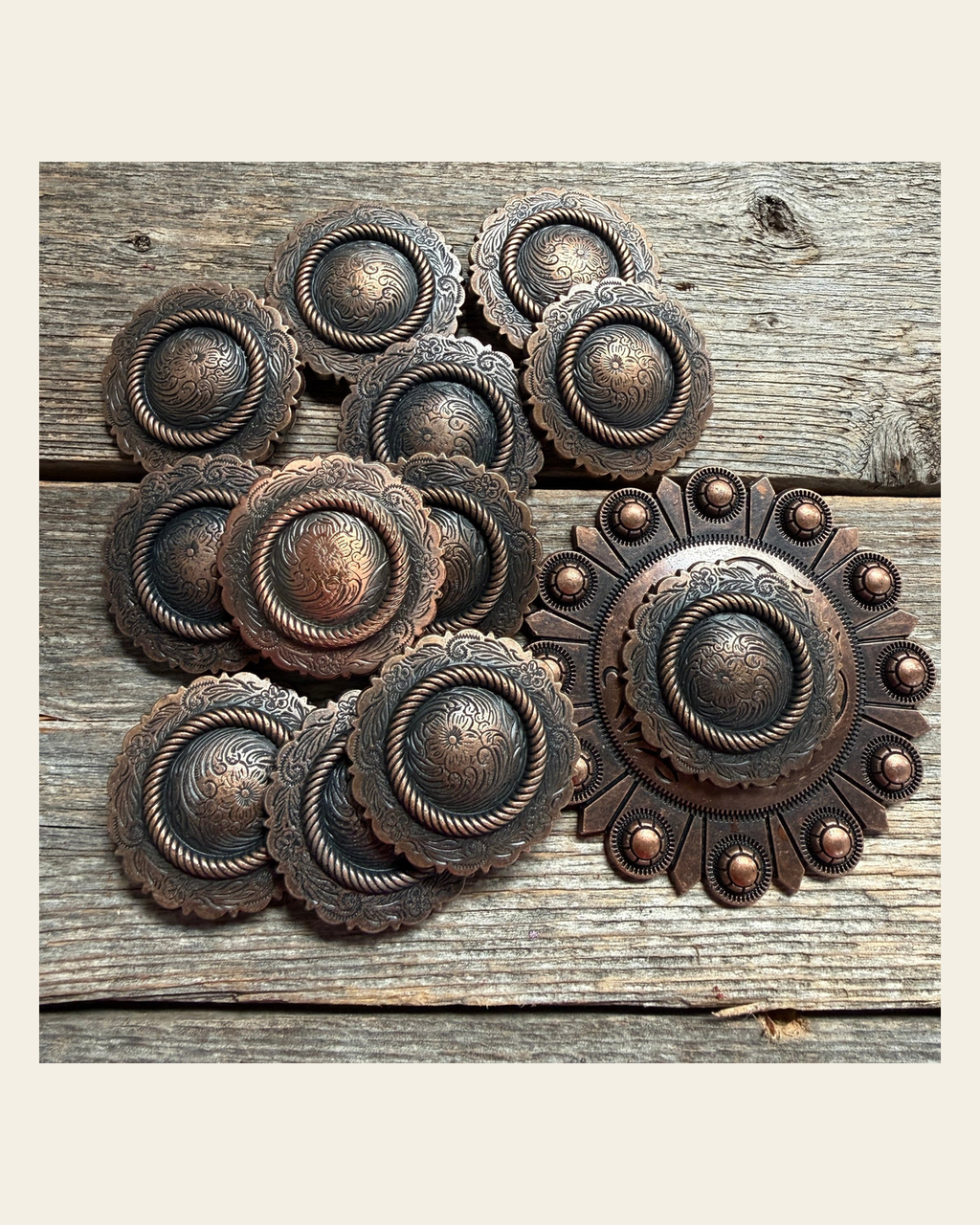 Copper Round Western Concho W101 on a warm cream background