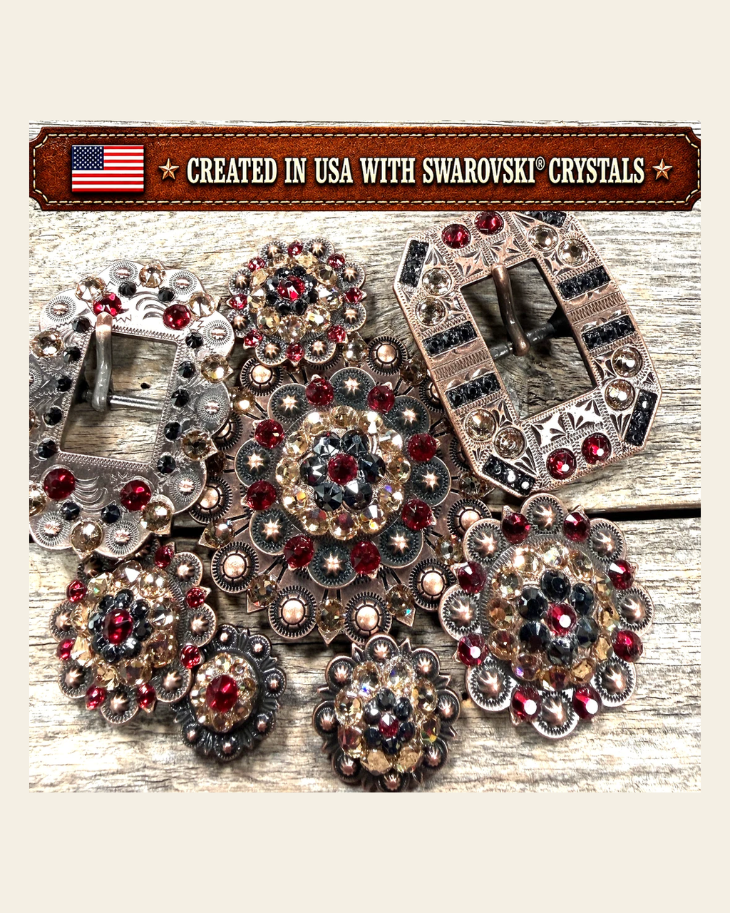 Copper Ruby - Jet - Champagne Crystal Conchos | Sizes 1"- 3" | Buckles | Saddle Set | Leather Rosettes | Slide on a warm cream background