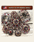 Copper Ruby - Jet - Champagne Crystal Conchos | Sizes 1"- 3" | Buckles | Saddle Set | Leather Rosettes | Slide on a warm cream background