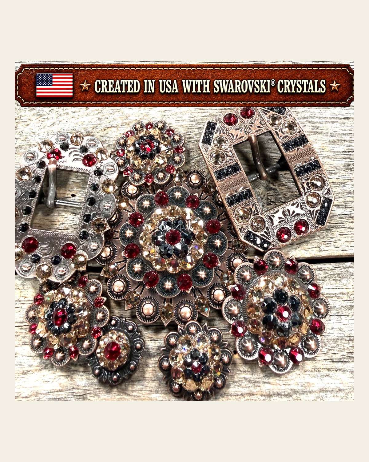 Copper Ruby - Jet - Champagne Crystal Conchos | Sizes 1"- 3" | Buckles | Saddle Set | Leather Rosettes | Slide on a warm cream background