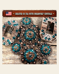 Copper Teal - Champagne Crystal Conchos | Sizes 1"- 3" | Buckles | Saddle Set | Leather Rosettes | Slide on a warm cream background