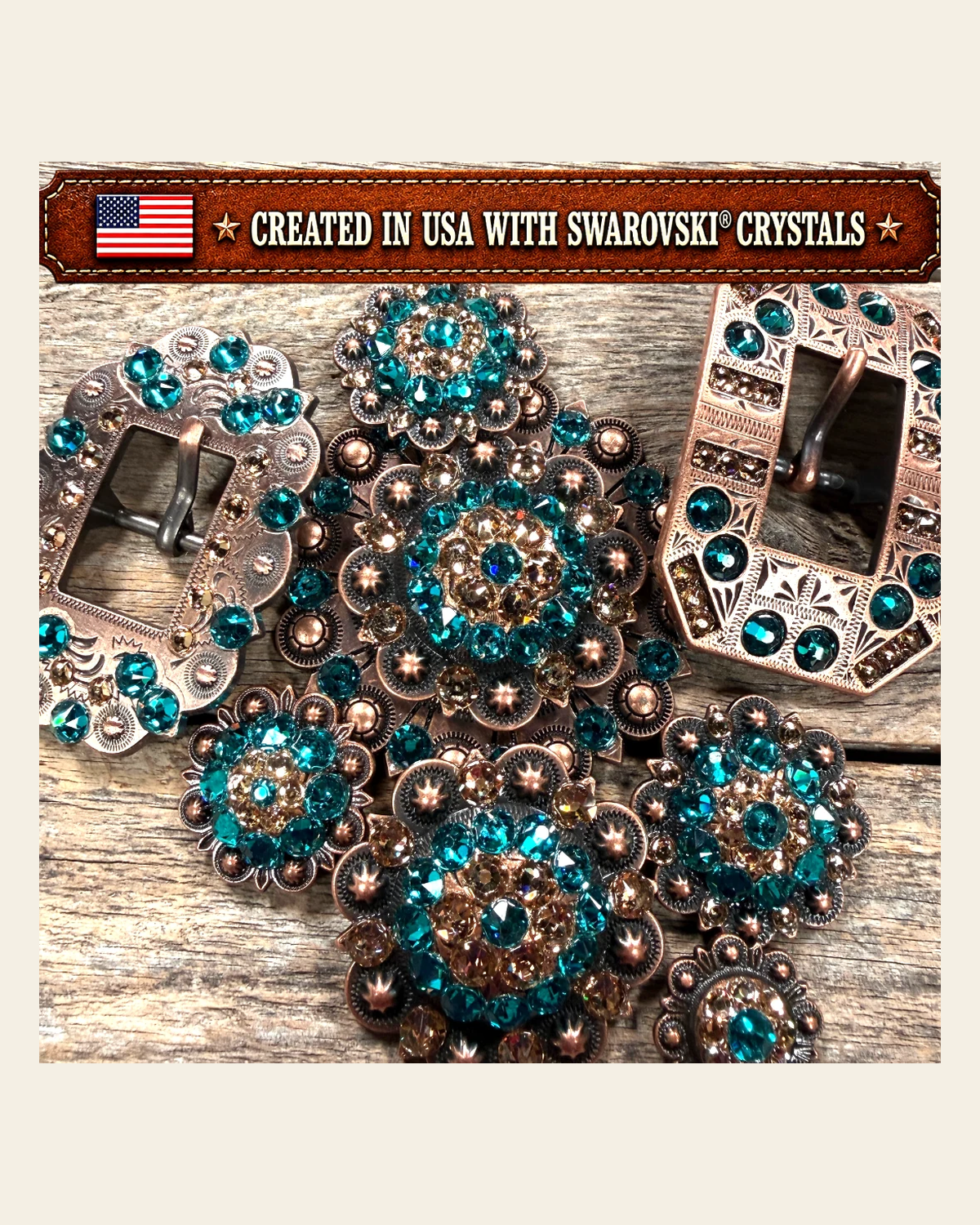 Copper Teal - Champagne Crystal Conchos | Sizes 1"- 3" | Buckles | Saddle Set | Leather Rosettes | Slide on a warm cream background