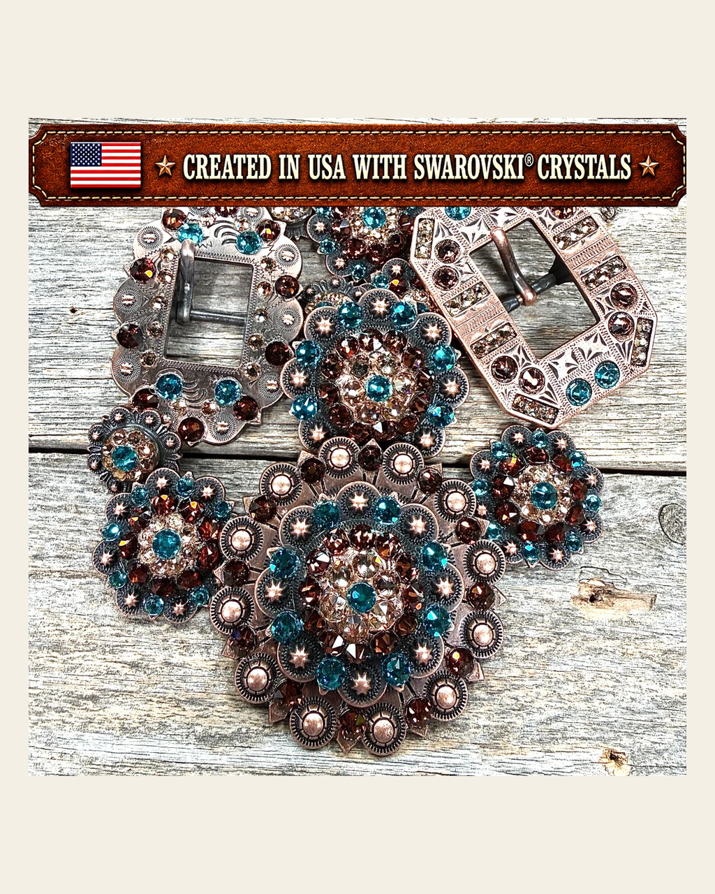 Copper Teal - Champagne - Topaz Crystal Conchos | Sizes 1"- 3" | Buckles | Saddle Set | Leather Rosettes | Slide on a warm cream background
