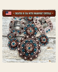 Copper Teal - Champagne - Topaz Crystal Conchos | Sizes 1"- 3" | Buckles | Saddle Set | Leather Rosettes | Slide on a warm cream background