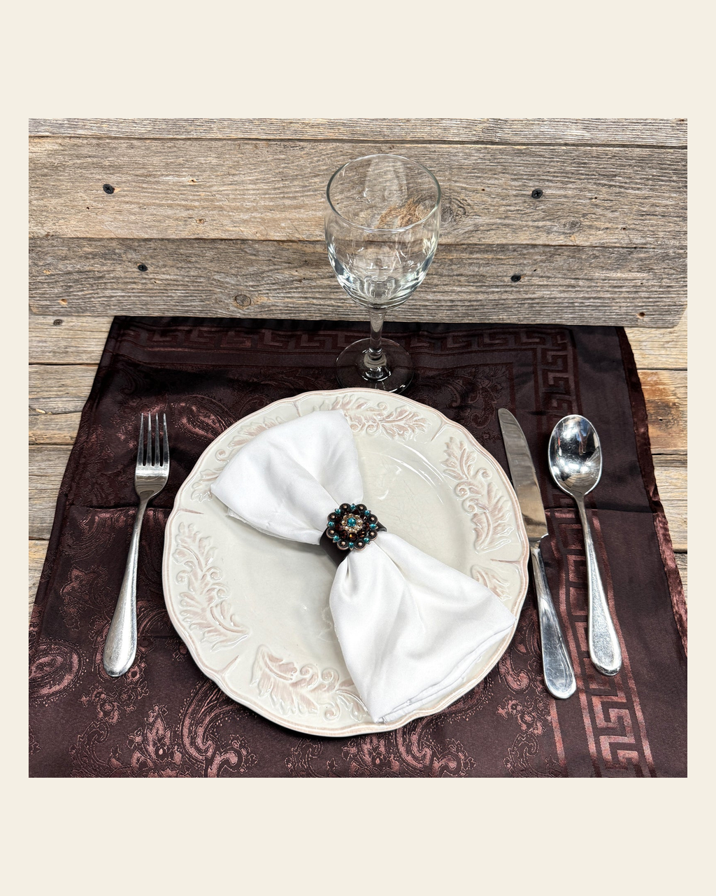 Copper Teal/Champagne/Topaz Crystal Concho Napkin Ring #CNR102 on a warm cream background