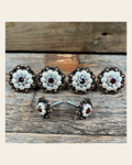 Copper Topaz AB & Pearl Saddle Conchos on a warm cream background