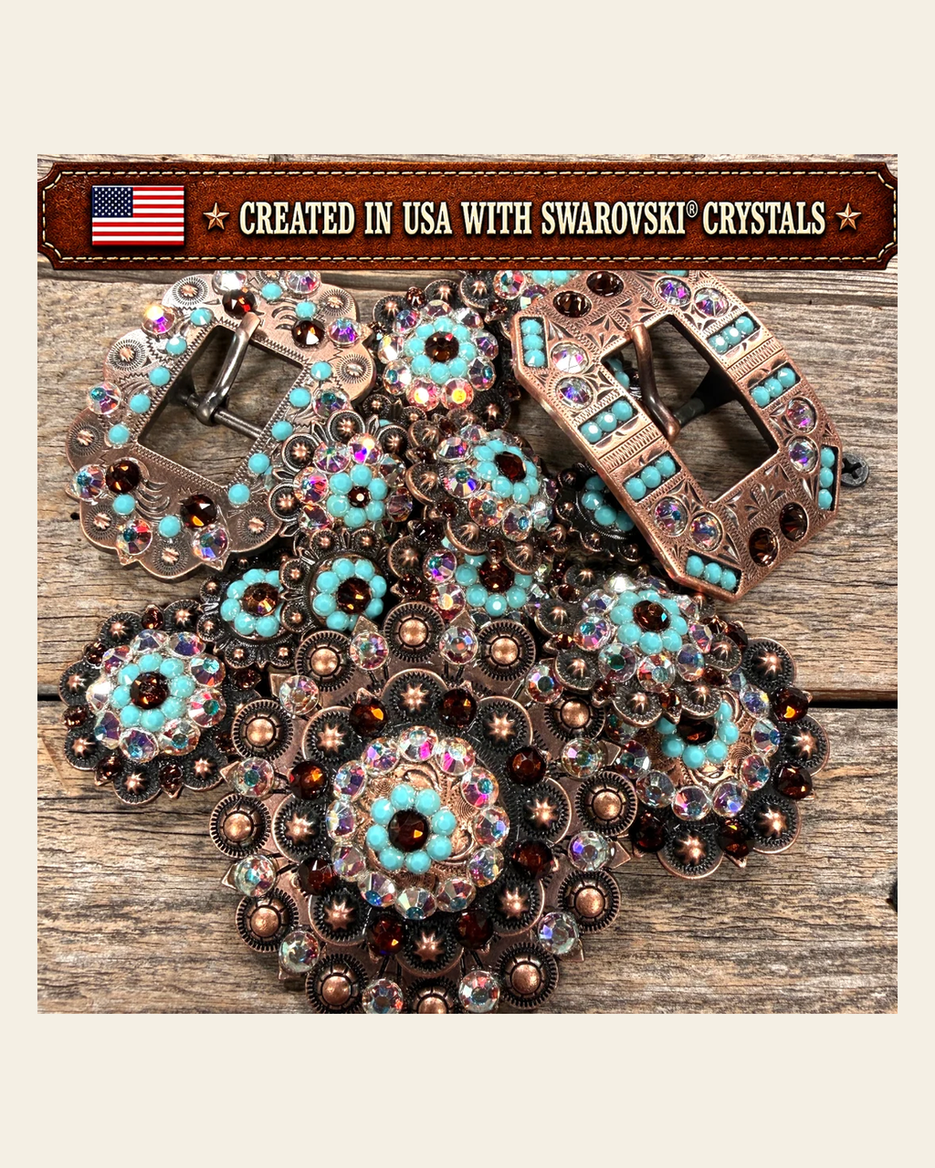 Copper Topaz - Turquoise - AB Crystal Conchos | Sizes 1"- 3" | Buckles | Saddle Set | Leather Rosettes | Slide on a warm cream background