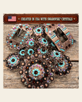 Copper Topaz - Turquoise - AB Crystal Conchos | Sizes 1"- 3" | Buckles | Saddle Set | Leather Rosettes | Slide on a warm cream background