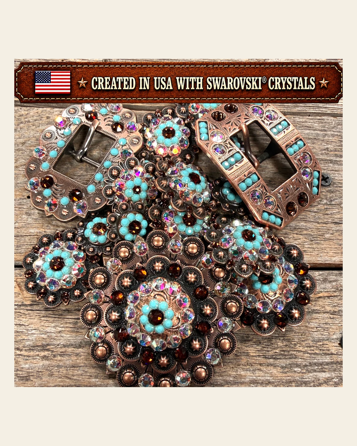 Copper Topaz - Turquoise - AB Crystal Conchos | Sizes 1"- 3" | Buckles | Saddle Set | Leather Rosettes | Slide on a warm cream background