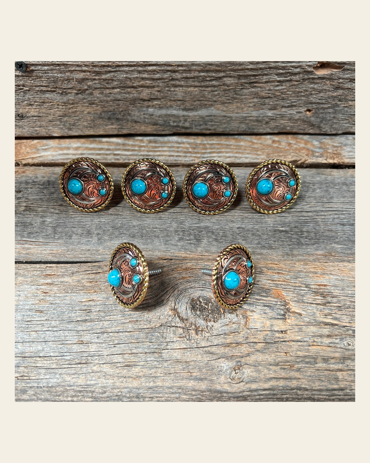Copper Turquoise Blossom Saddle Set SSW206 on a warm cream background