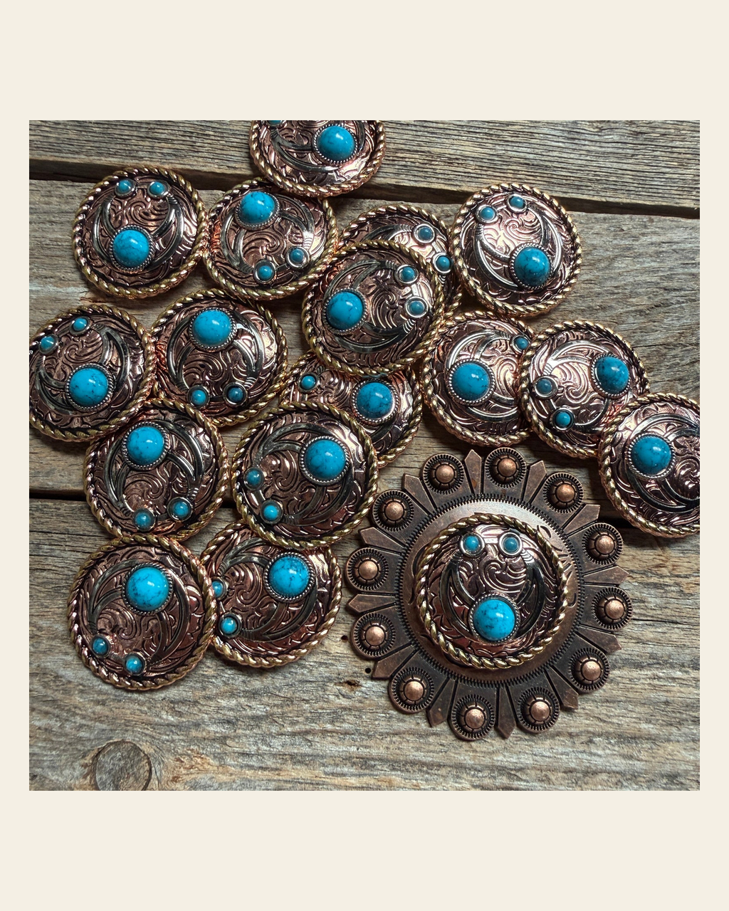 Copper Turquoise Blossom Western Concho W206 on a warm cream background