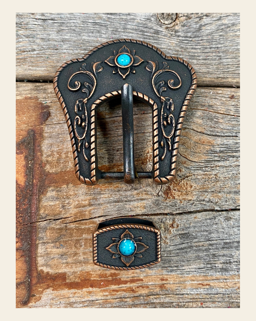 Copper Turquoise Buckle & Keeper W180B on a warm cream background