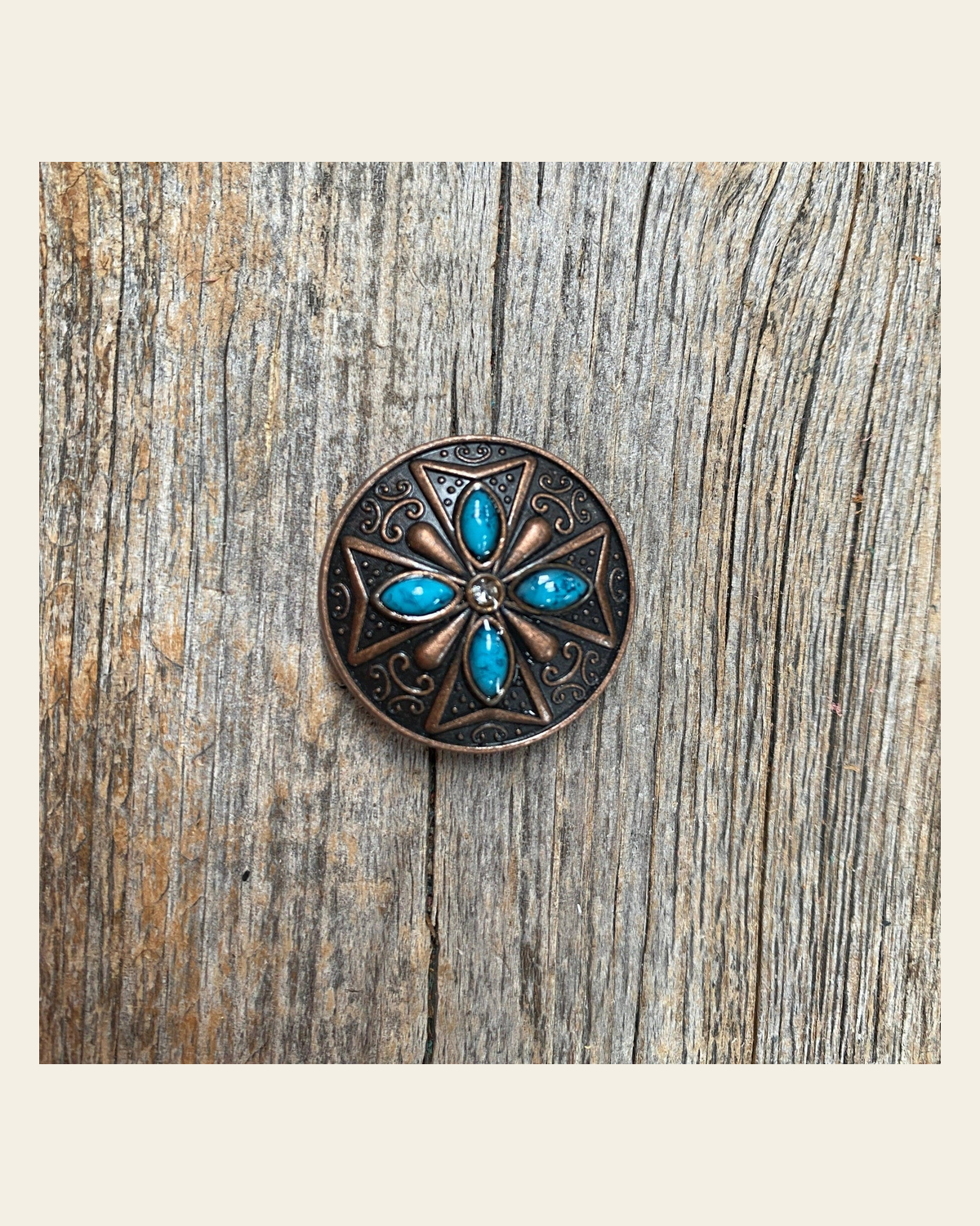 Copper Turquoise & Clear Crystal Concho 1" W138S on a warm cream background