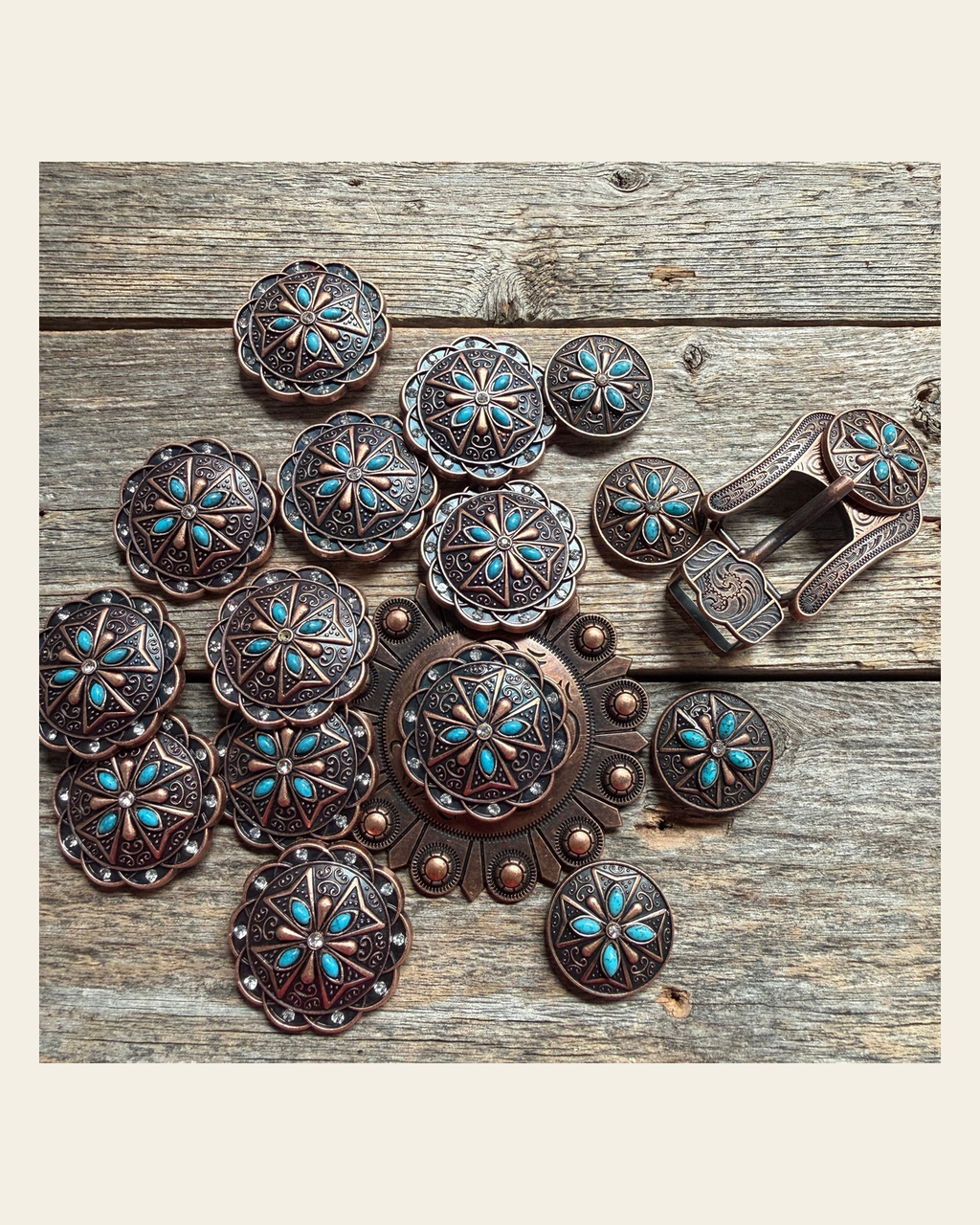 Copper Turquoise & Clear Crystal Western Concho W138 on a warm cream background