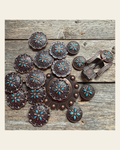 Copper Turquoise & Clear Crystal Western Concho W138 on a warm cream background