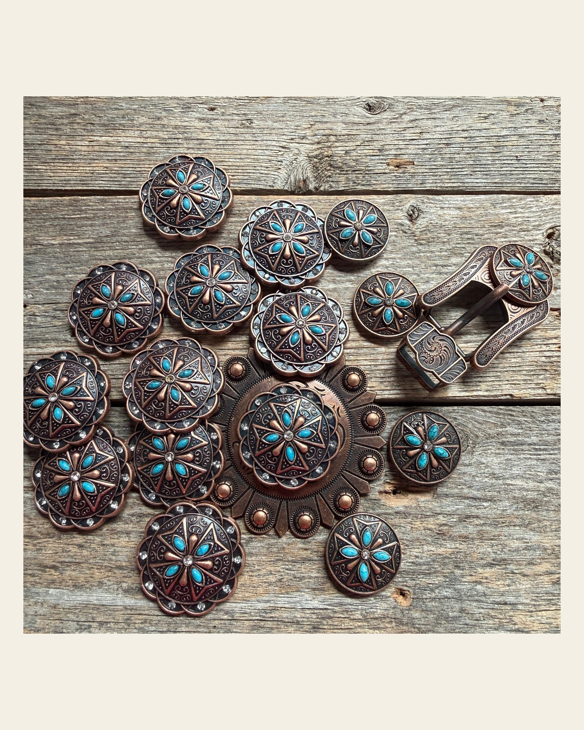 Copper Turquoise & Clear Crystal Western Concho W138 on a warm cream background