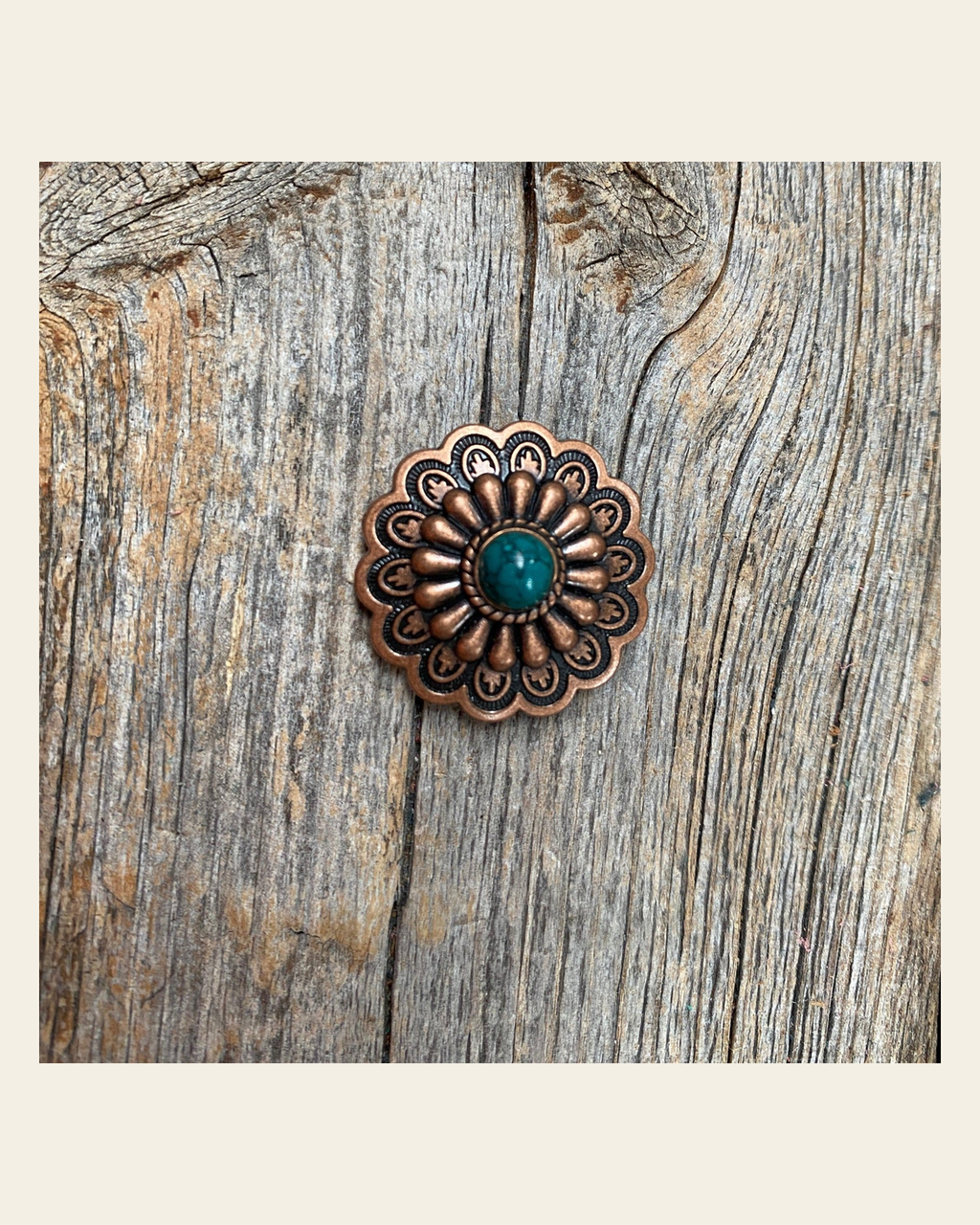 Copper Turquoise Concho 1" W103S on a warm cream background