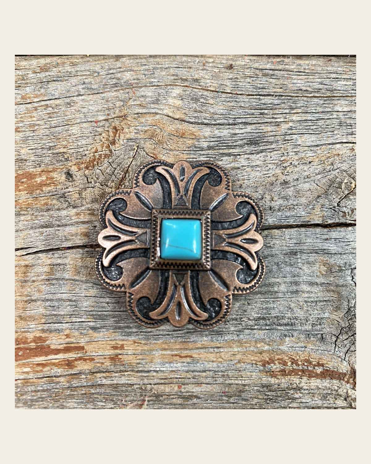 Copper Turquoise Concho 1" W141S on a warm cream background