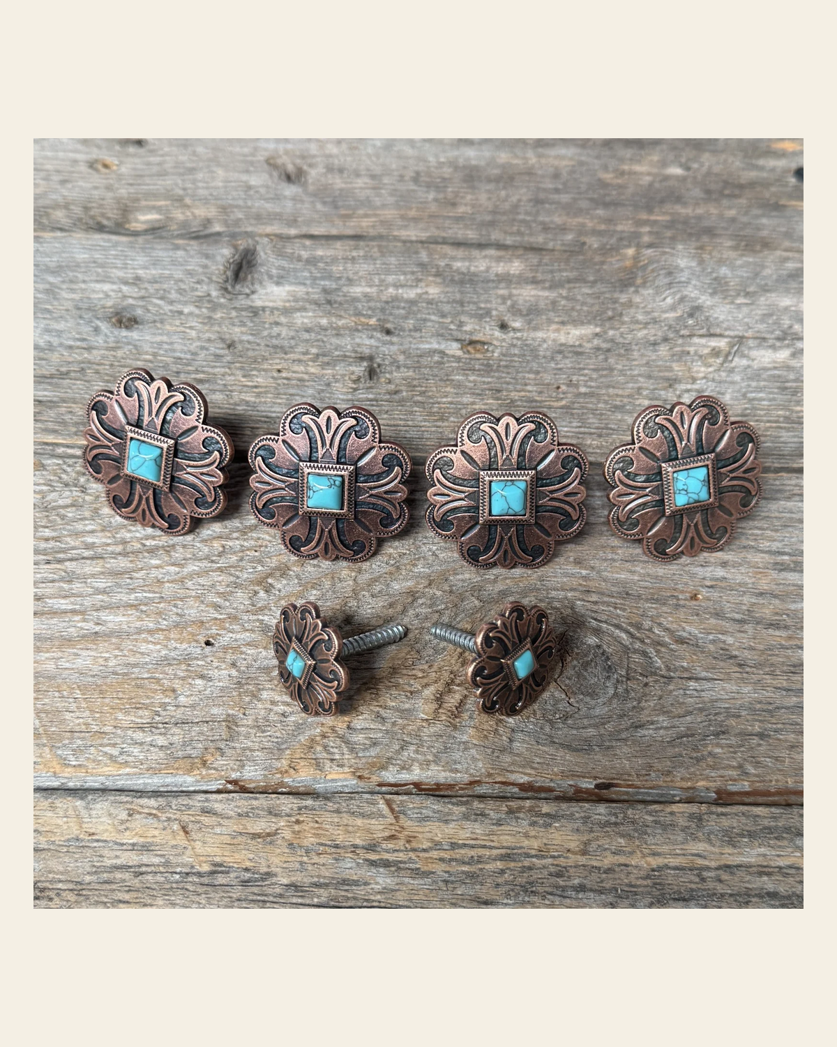 Copper Turquoise Concho Saddle Set SSW141 on a warm cream background