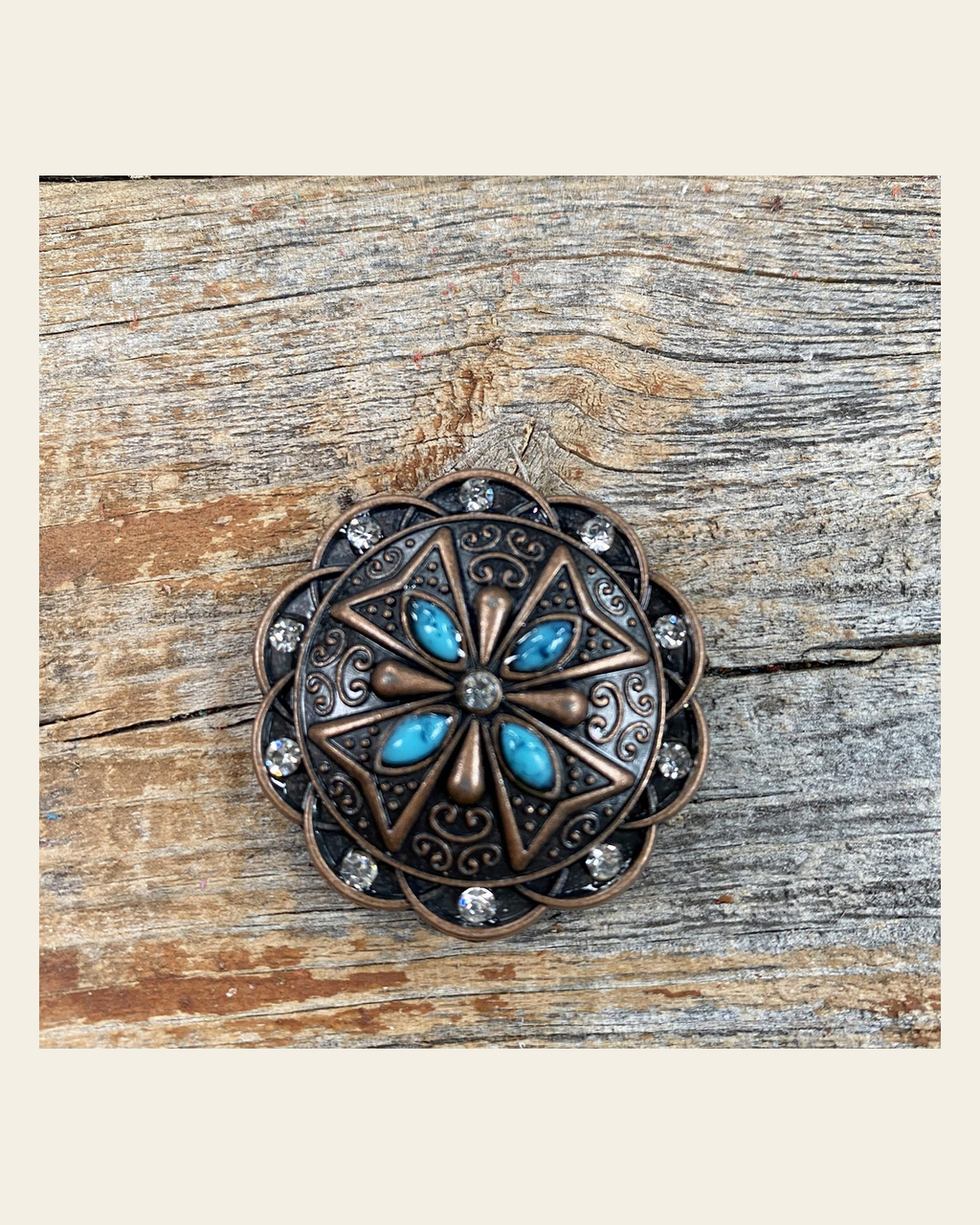 Copper Turquoise & Crystal Concho 1.5" W138L on a warm cream background