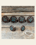 Copper Turquoise & Crystal Saddle Set SSW138 on a warm cream background