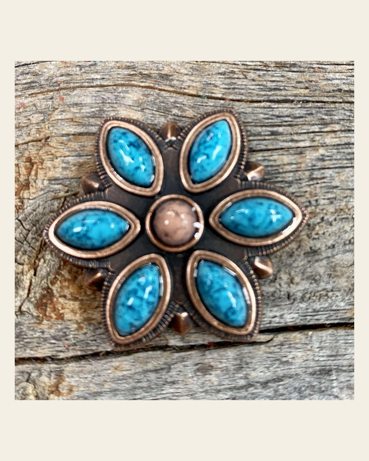 Copper Turquoise Flower 1.5" W207L on a warm cream background