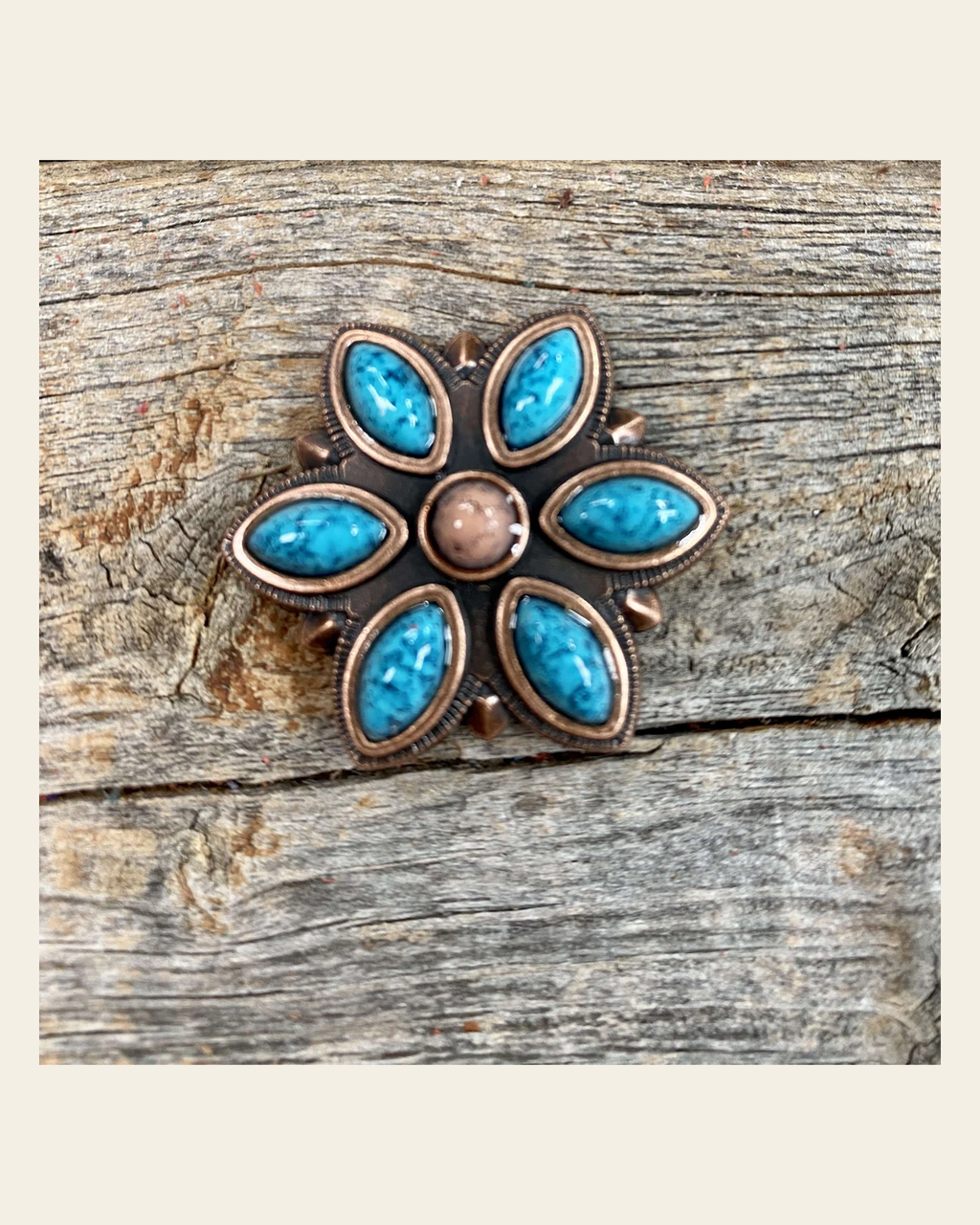 Copper Turquoise Flower 1" W207S on a warm cream background