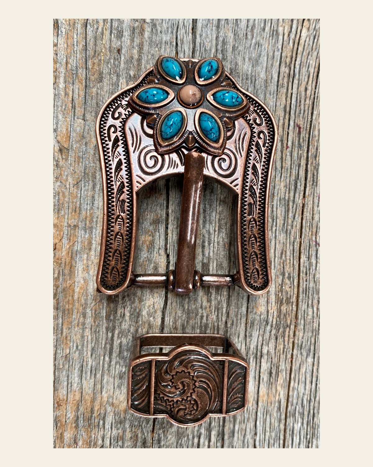 Copper Turquoise Flower Concho Buckle Adapter W207COBA on a warm cream background