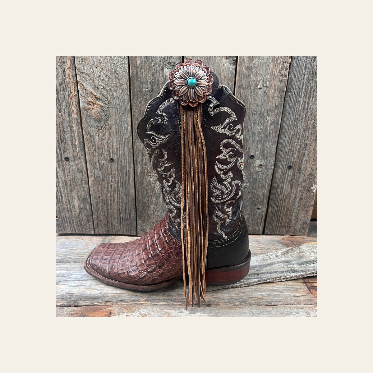 Boot Cuff Jewelry - Copper Turquoise Flower Concho - Fringe