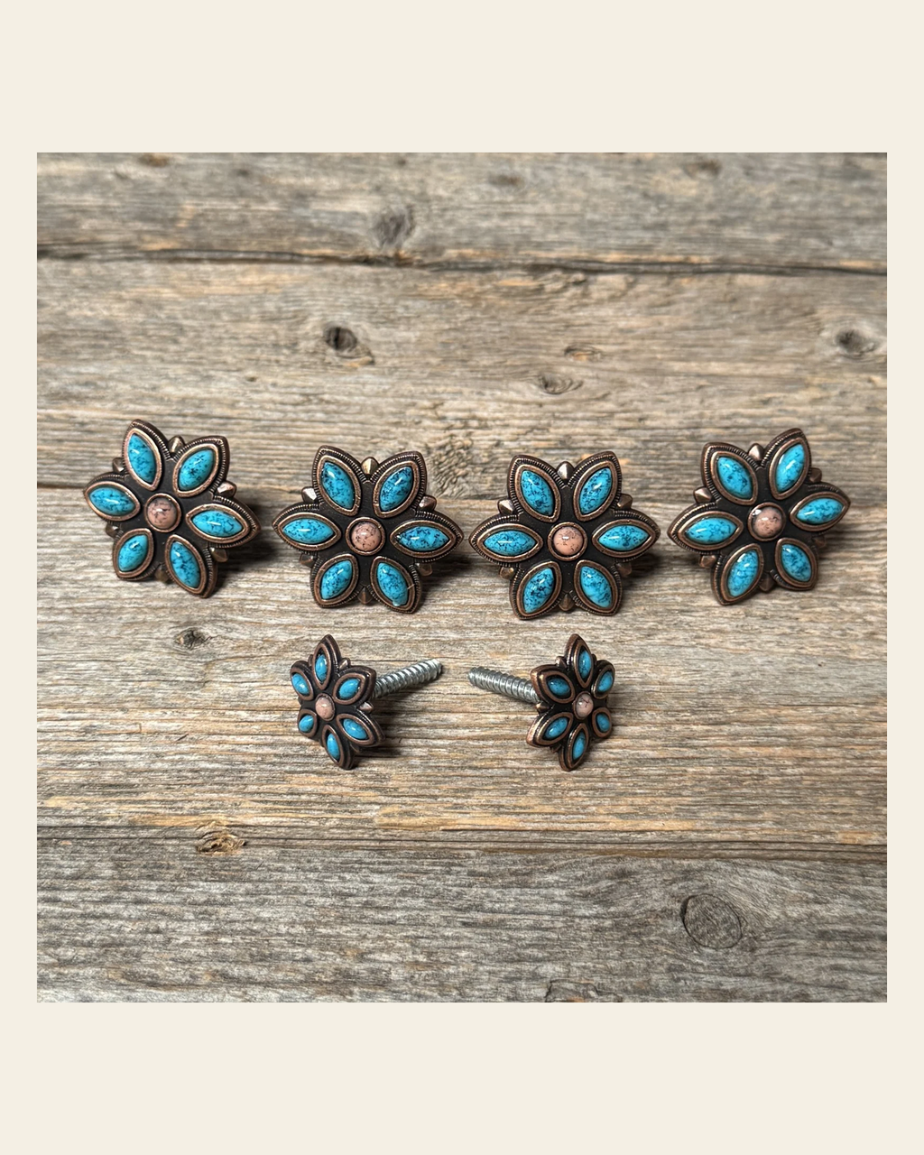 Copper Turquoise Flower Saddle Set SSW207 on a warm cream background