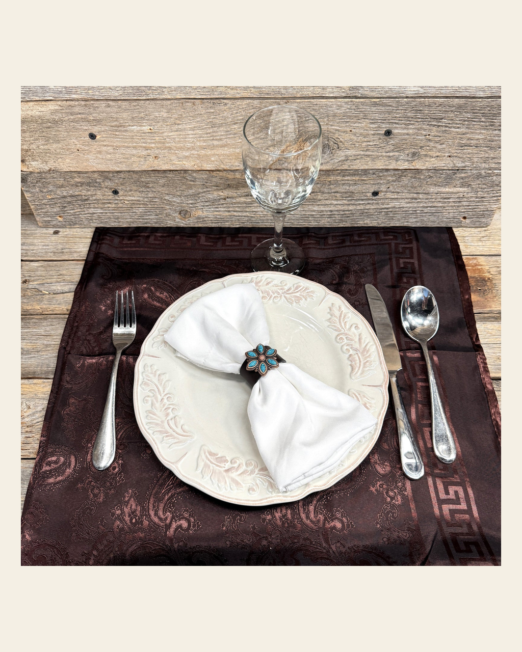 Copper Turquoise Flower Western Concho Napkin Ring #CNR110 on a warm cream background