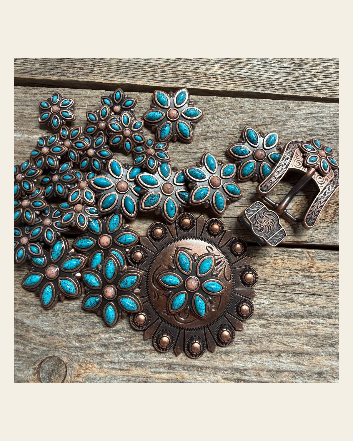 Copper Turquoise Flower Western Concho W207 on a warm cream background