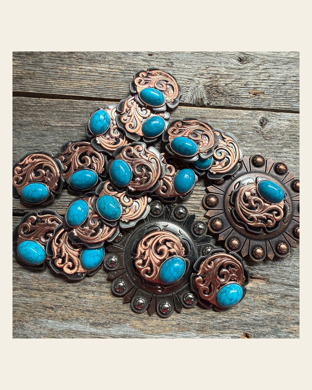 Copper Turquoise Howlite Western Concho W121 on a warm cream background