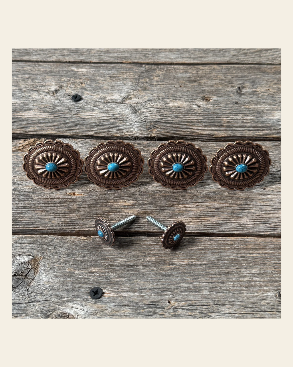 Copper Turquoise Oval Saddle Set SSW179 on a warm cream background
