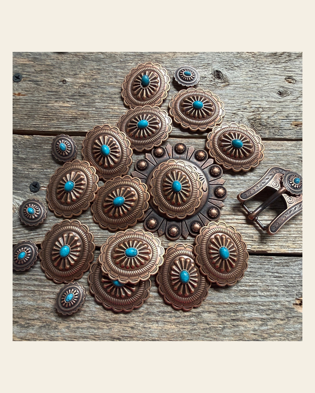 Copper Turquoise Oval Western Concho W179 on a warm cream background