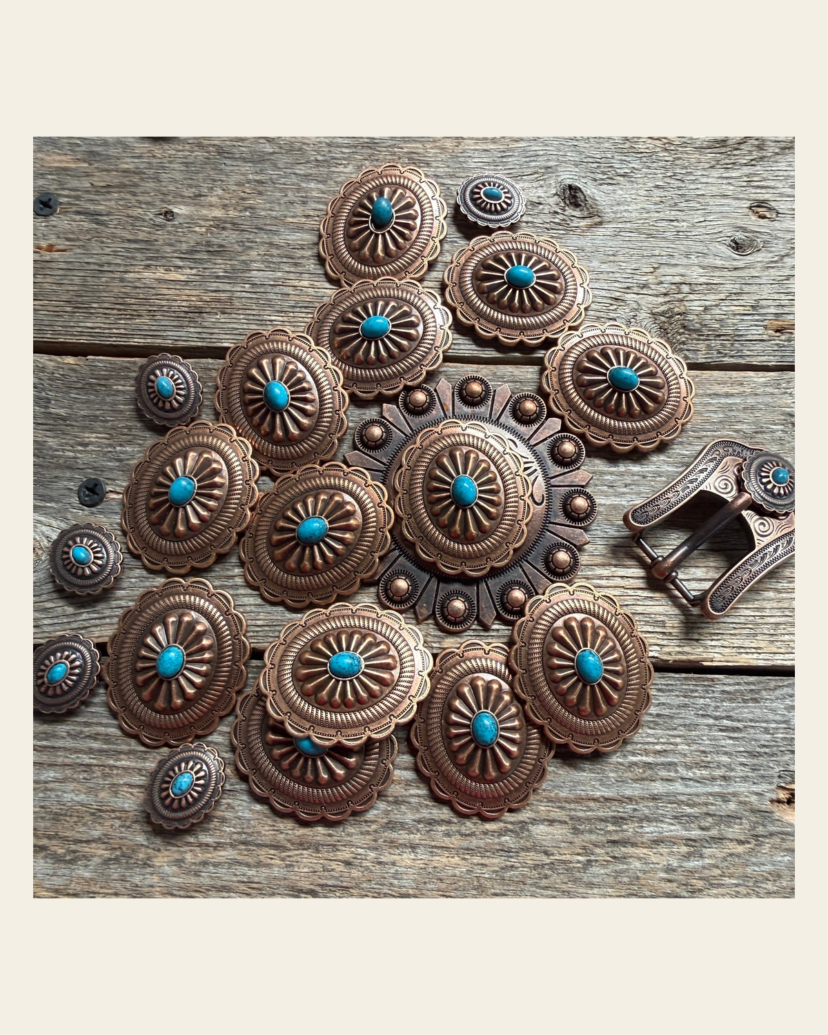 Copper Turquoise Oval Western Concho W179 on a warm cream background