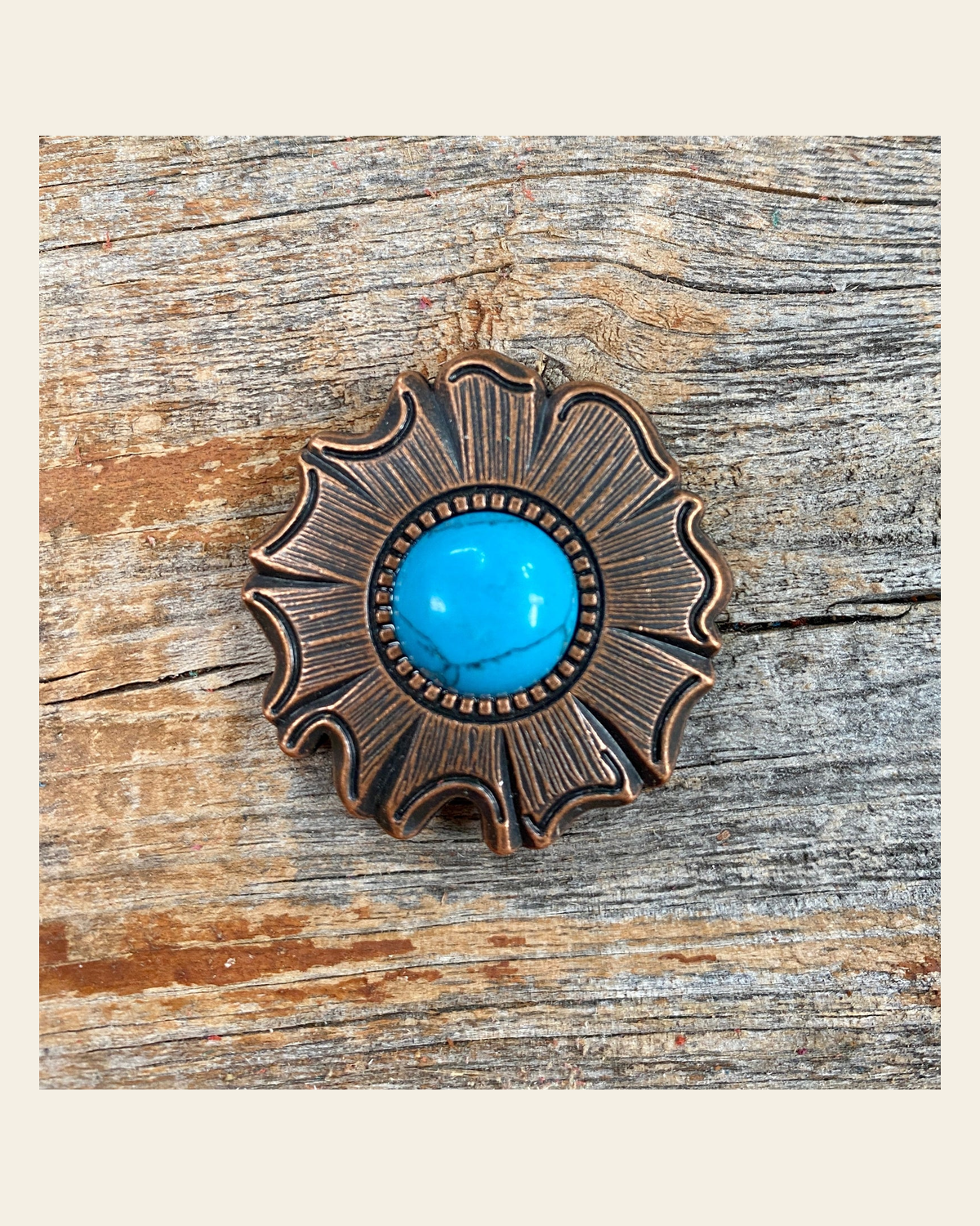 Copper Turquoise Round Concho 1.5" W128L on a warm cream background