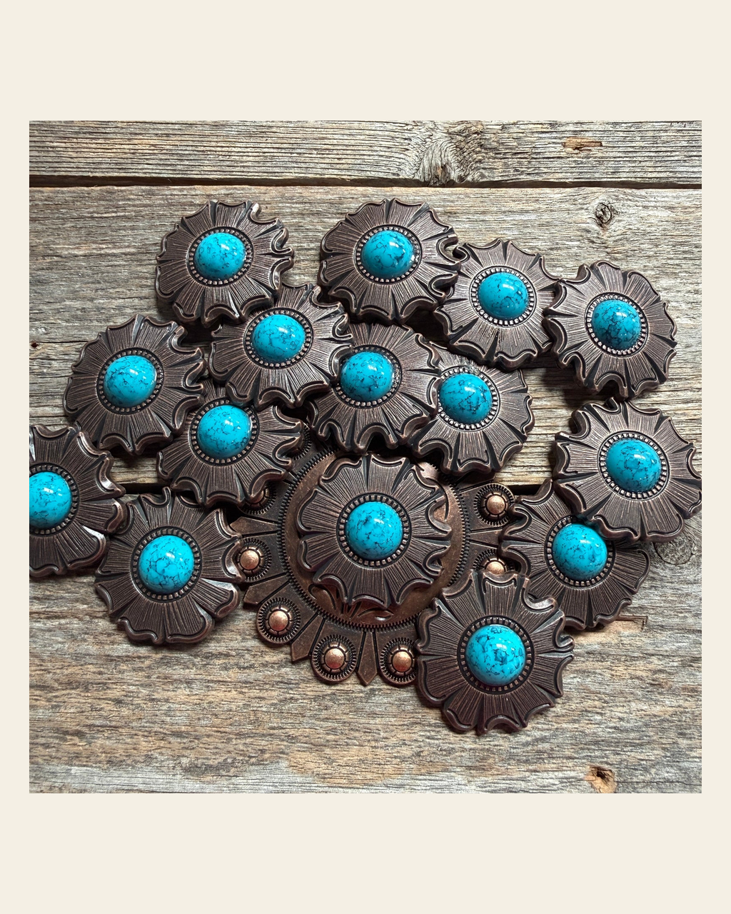 Copper Turquoise Round Western Concho W128 on a warm cream background