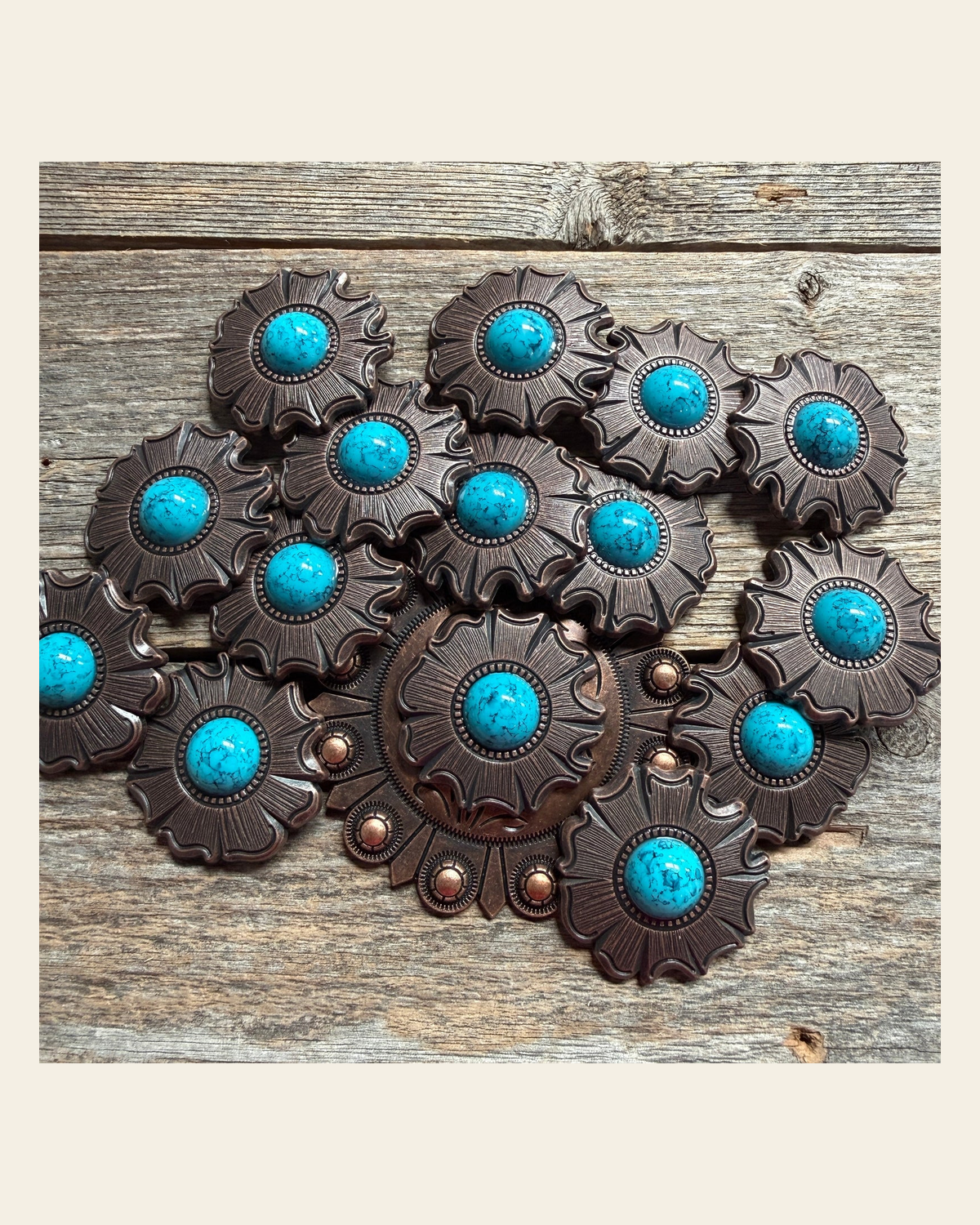 Copper Turquoise Round Western Concho W128 on a warm cream background