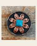 Copper Turquoise Sunflower Concho 1.5" W188L on a warm cream background