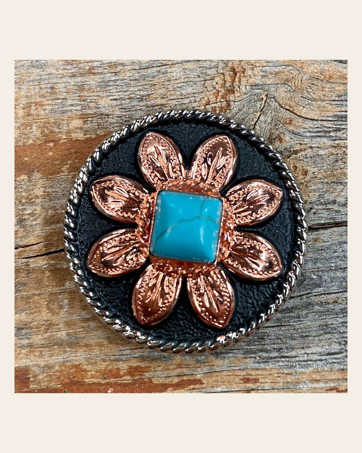 Copper Turquoise Sunflower Concho 1.5" W188L on a warm cream background