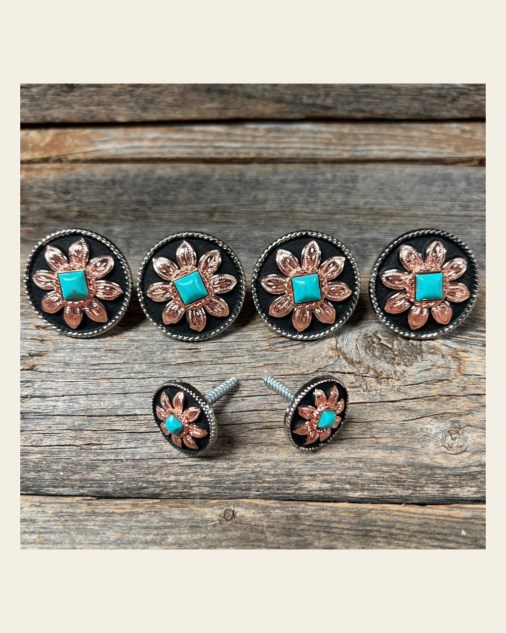 Copper Turquoise Sunflower Saddle Set SSW188 on a warm cream background