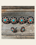 Copper Turquoise Sunflower Saddle Set SSW188 on a warm cream background