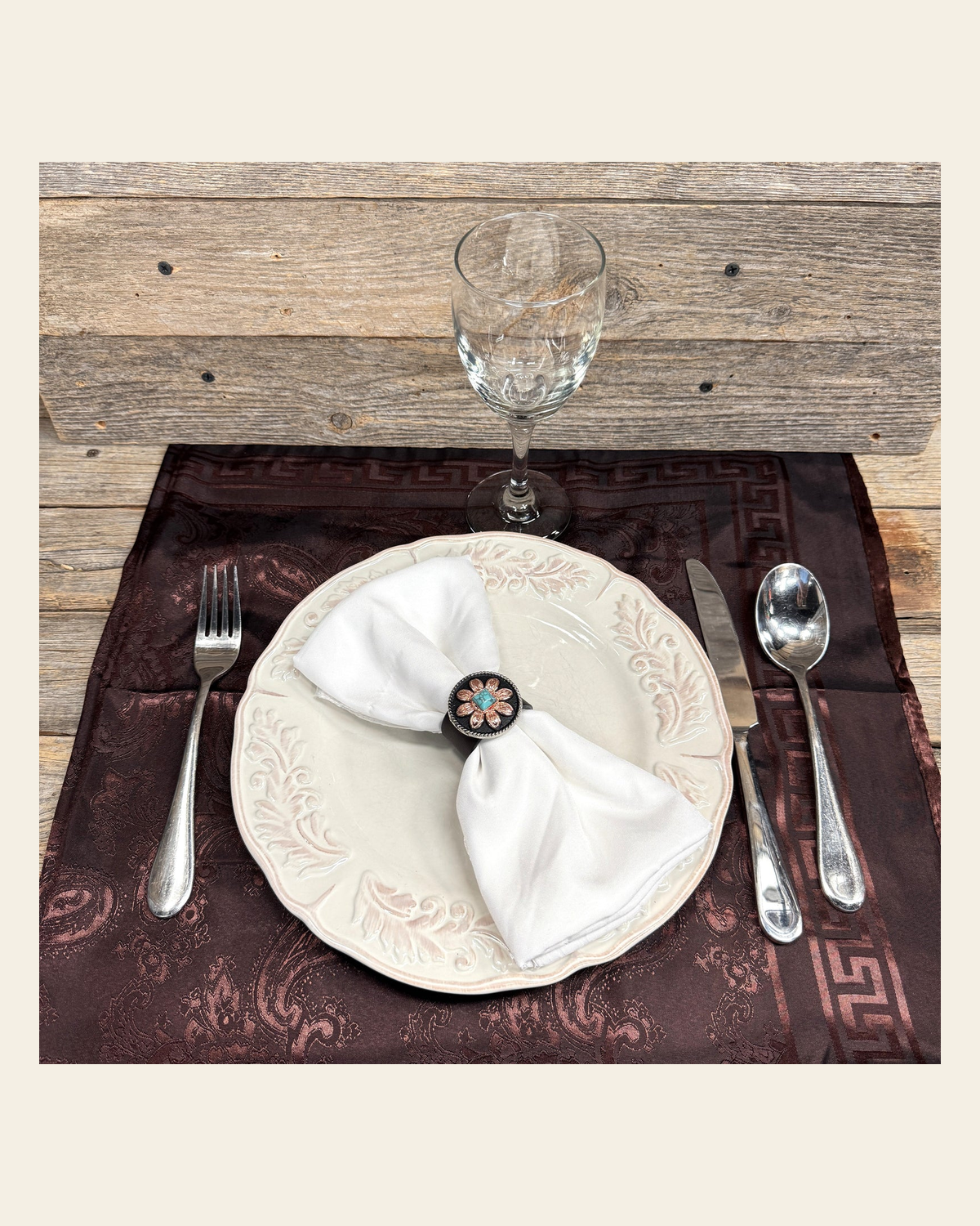 Copper Turquoise Sunflower Western Concho Napkin Ring #CNR111 on a warm cream background