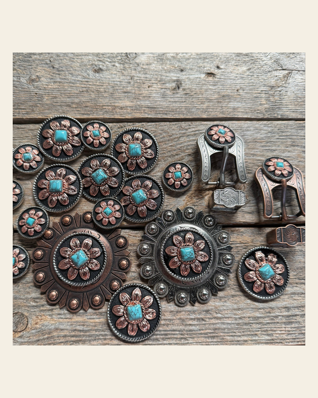 Copper Turquoise Sunflower Western Concho W188 on a warm cream background