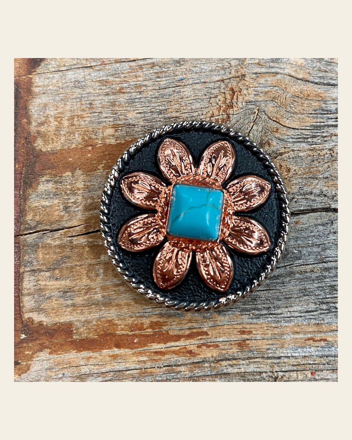 Copper Turquoise SunflowerConcho 1" W188S on a warm cream background