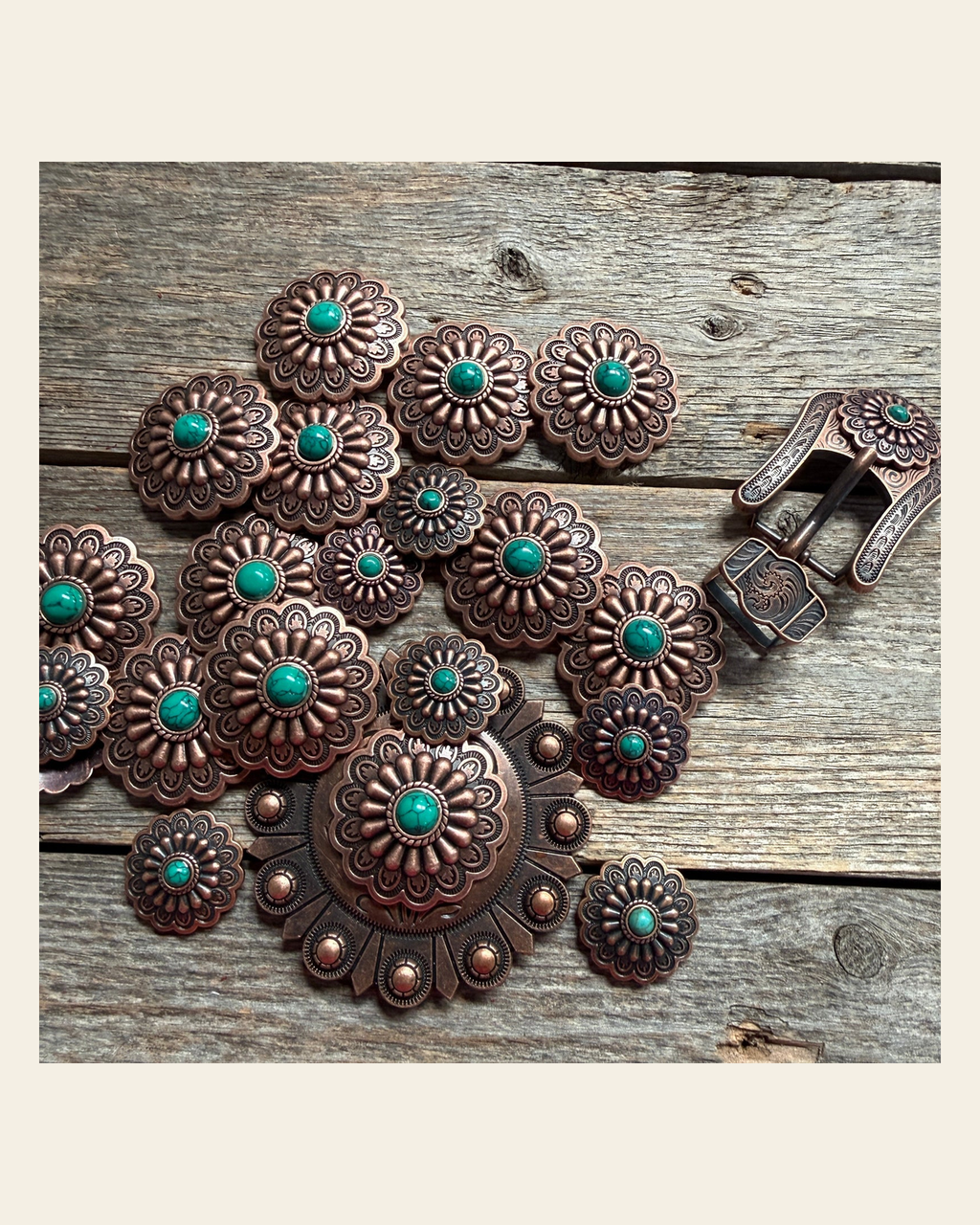Copper Turquoise Western Concho W103 on a warm cream background