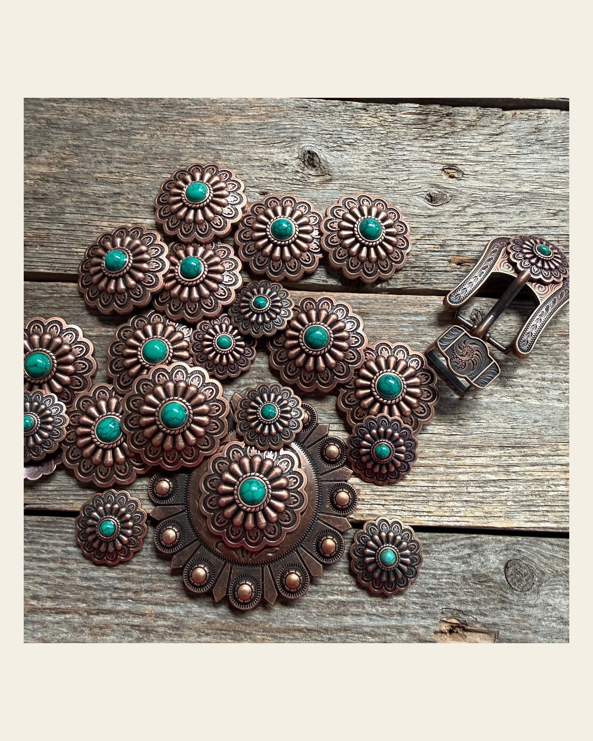 Copper Turquoise Western Concho W103 on a warm cream background